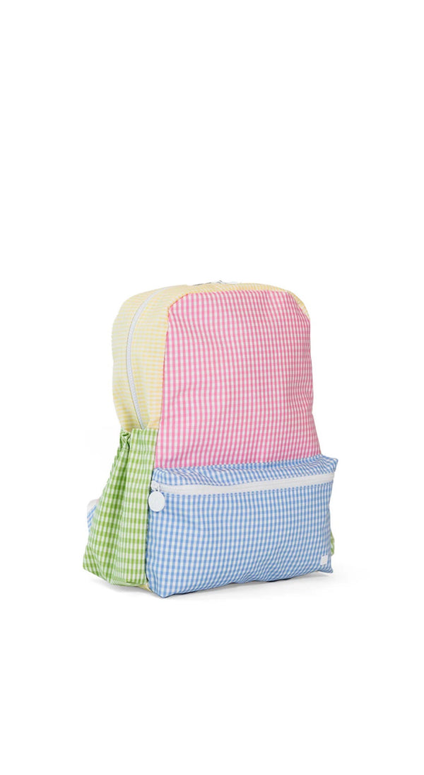 colorful gingham backpack on a white background