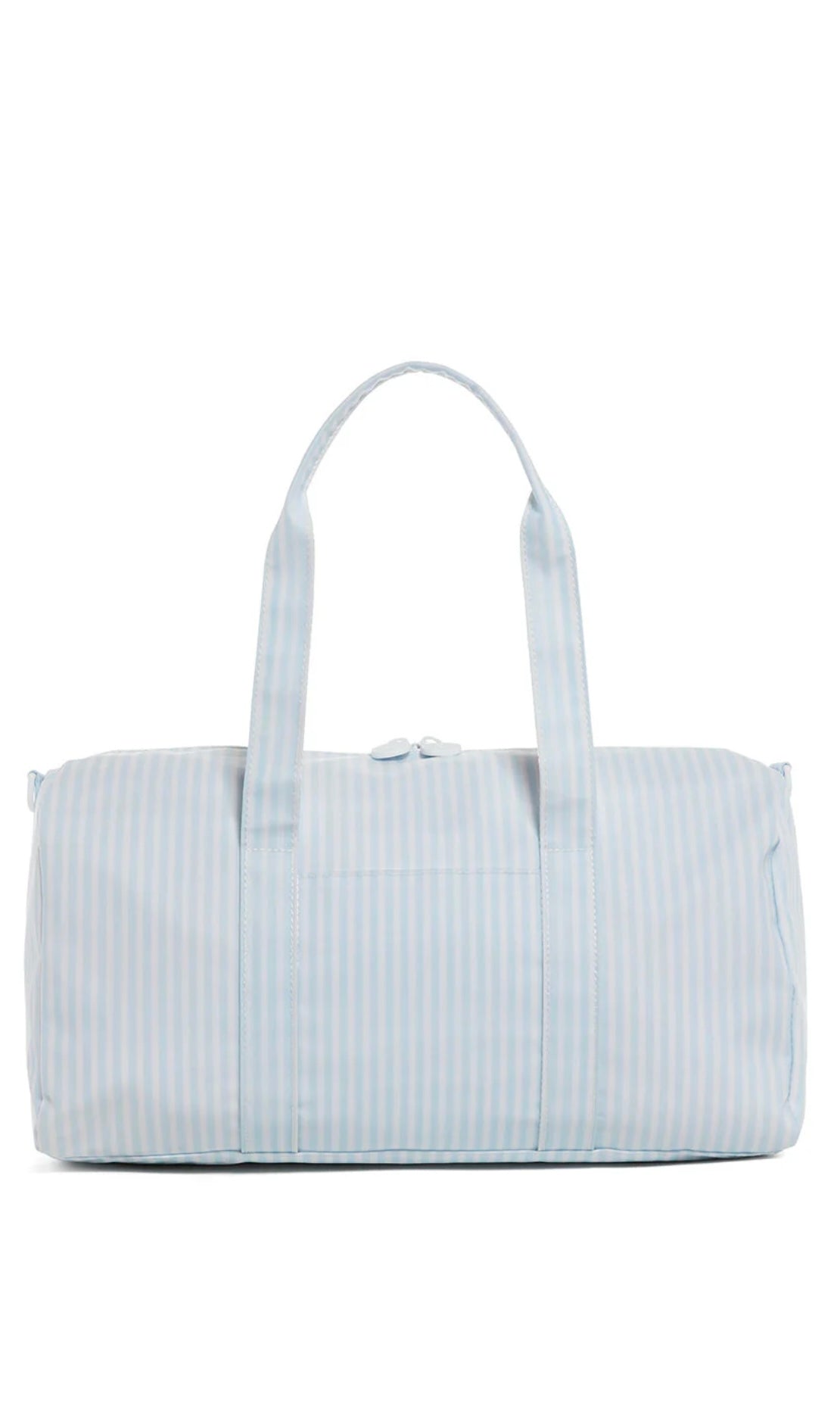 A blue striped duffel bag with handles, depicted against an isolated background.