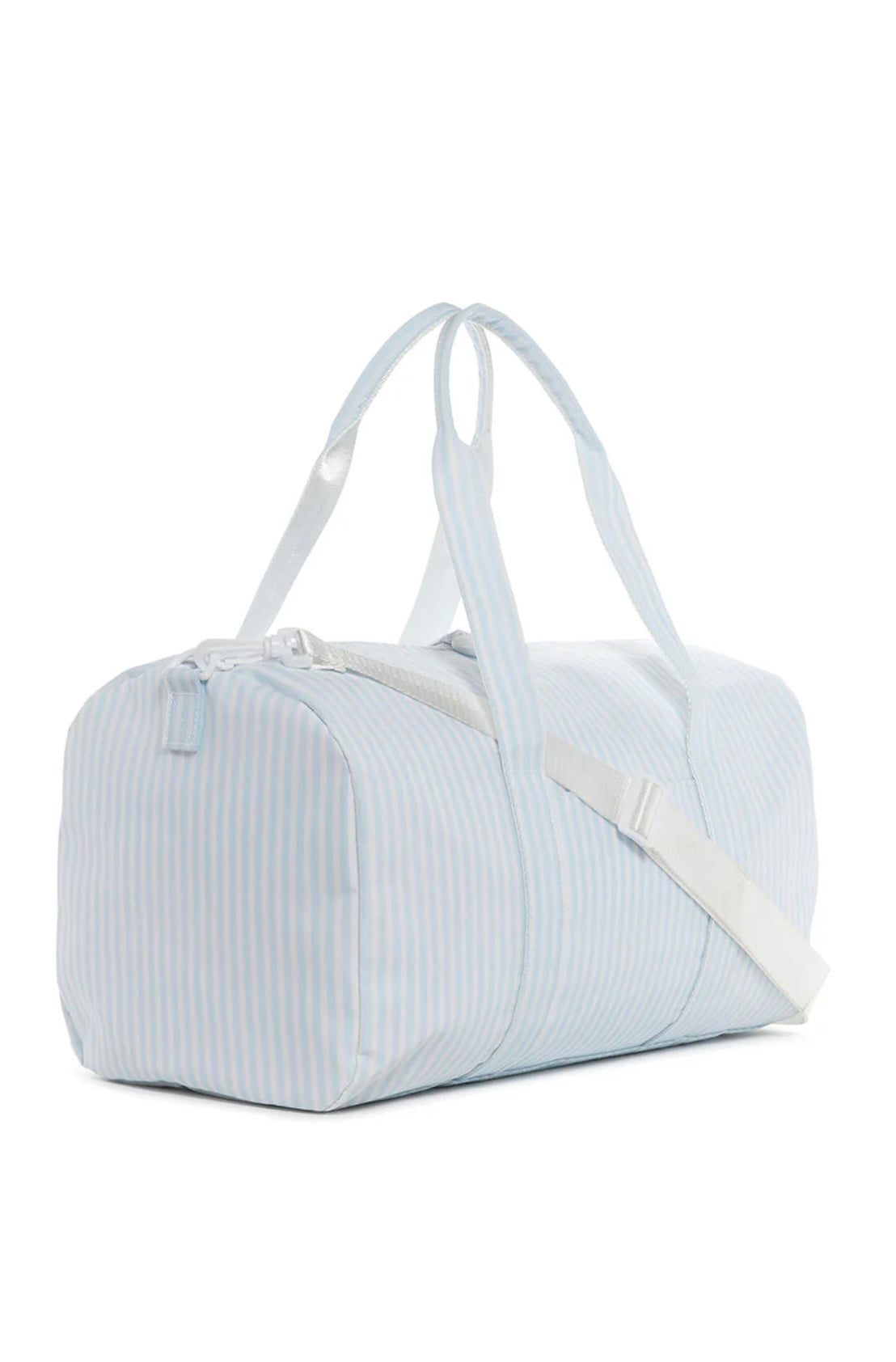 PIMLICO STRIPE BLUE TRVL DUFFLE BAG ON A WHITE BACKGROUND