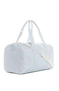 PIMLICO STRIPE BLUE TRVL DUFFLE BAG ON A WHITE BACKGROUND