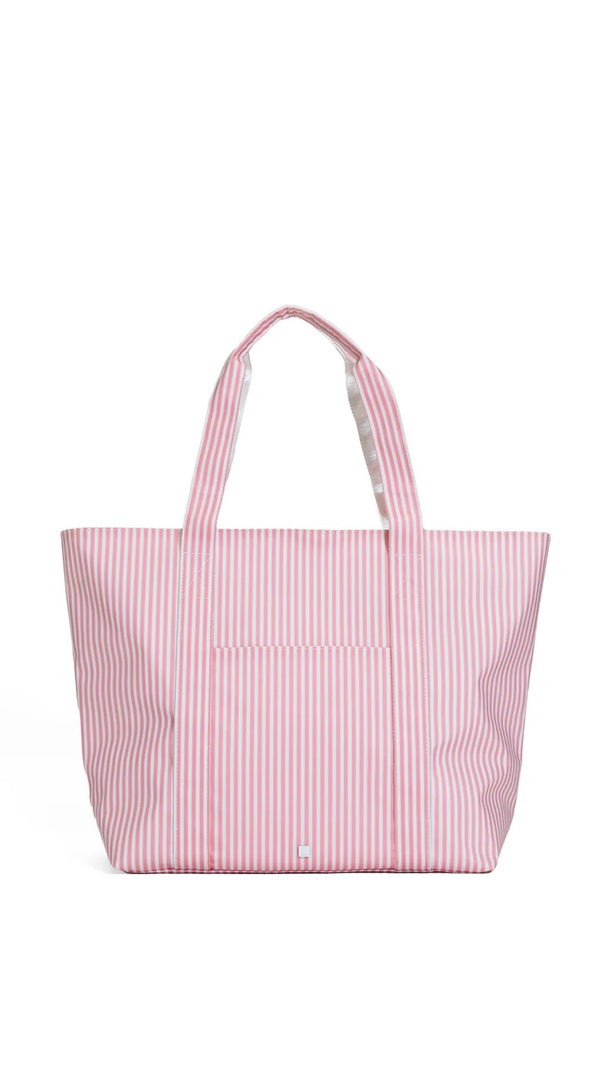 Pink and white striped tote bag on a white background