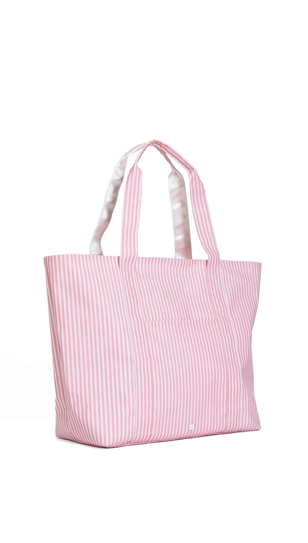 Pink striped tote bag on a white background