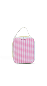 Pink checkered lunch box with a white handle on a white background