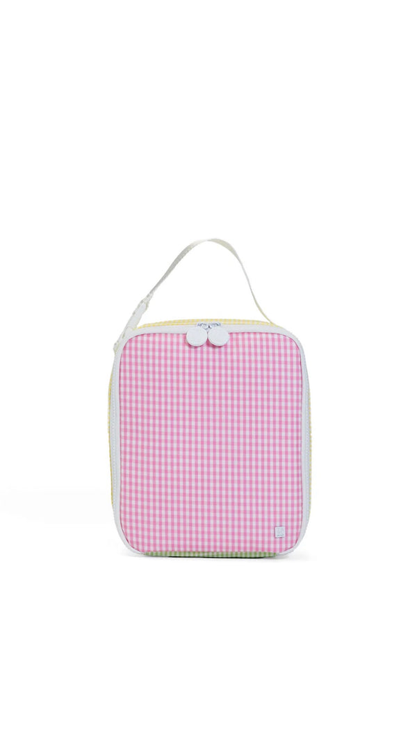 Pink checkered lunch box with a white handle on a white background