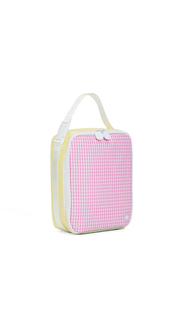 Pink checkered bag with a white handle on a white background