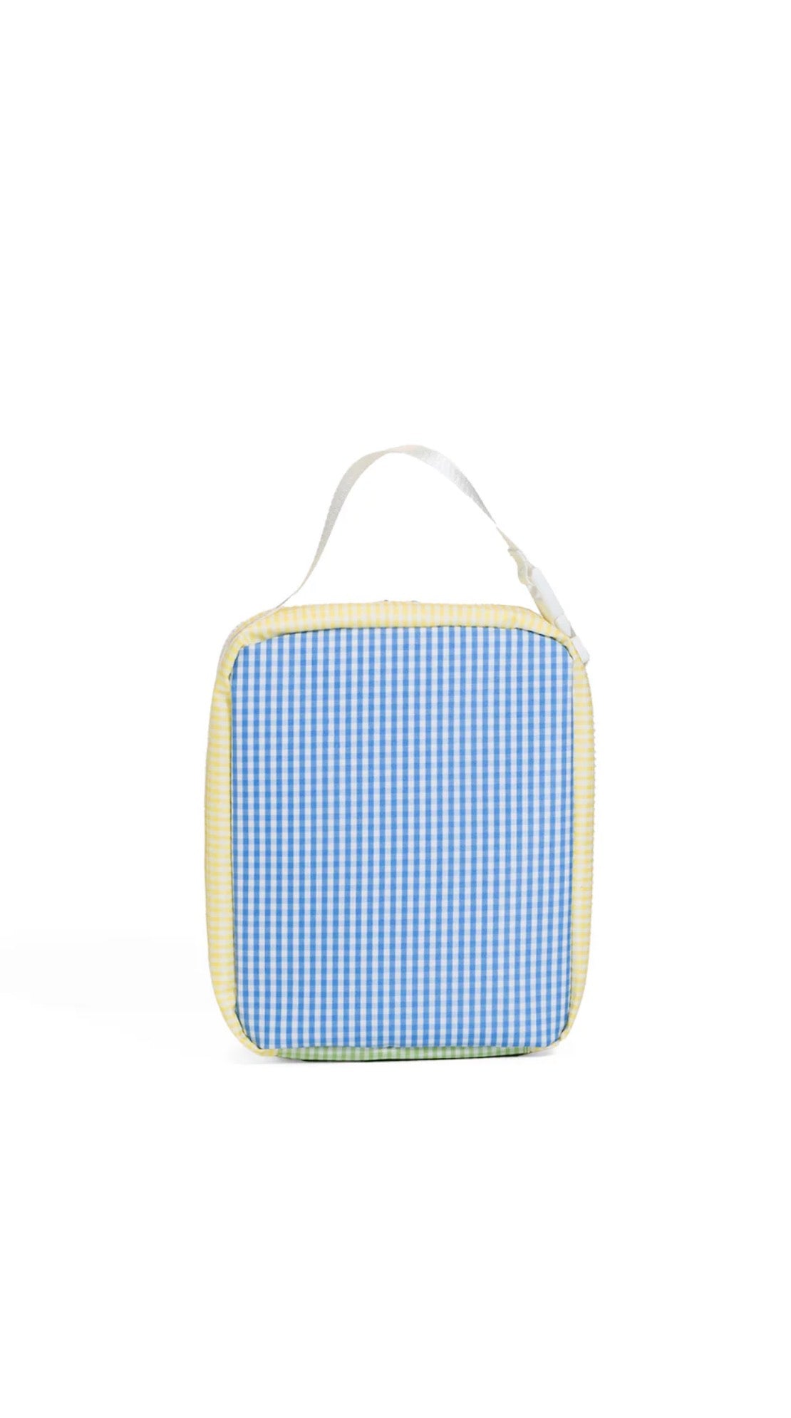 Gingham  blue checkered pattern and white handle on a white background Lunch box