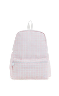 Light pink backpack with a subtle pattern on a white background