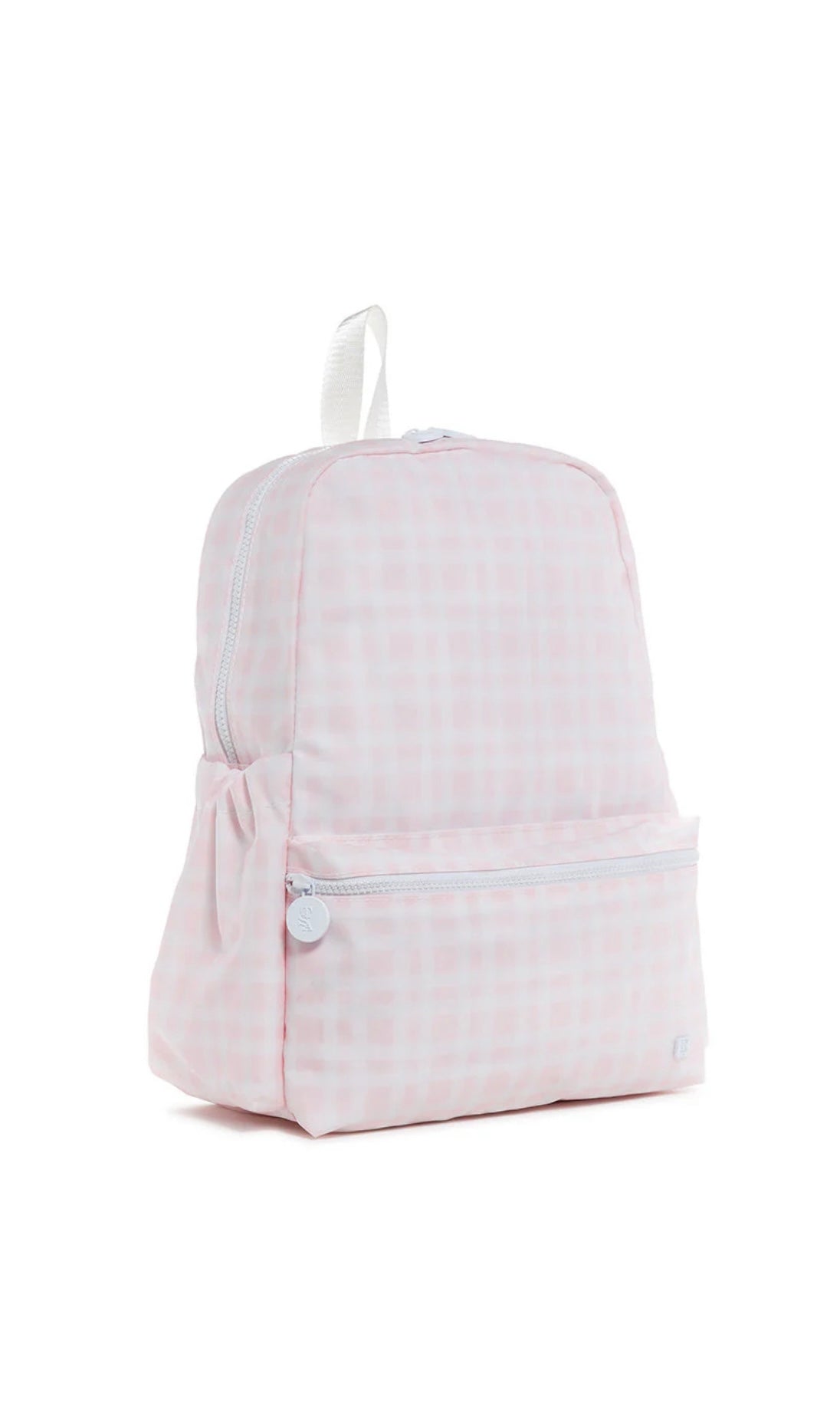 Pink checkered backpack on a white background