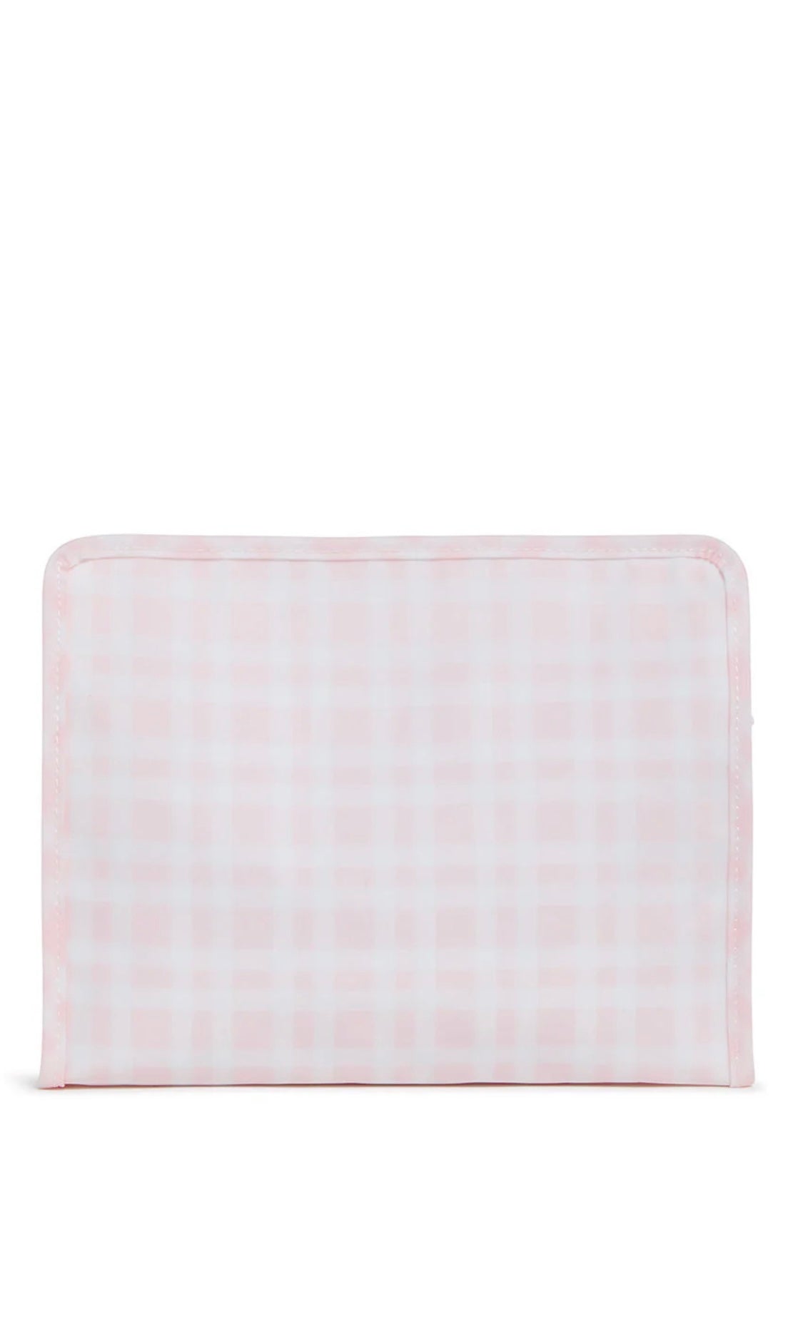 A medium-sized pink plaid travel pouch with a closed zipper.