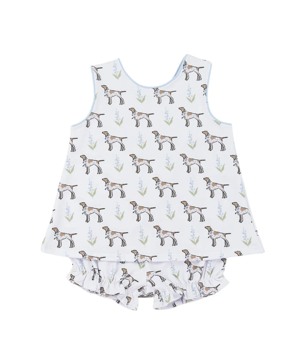White sleeveless set with dog pattern on a white background