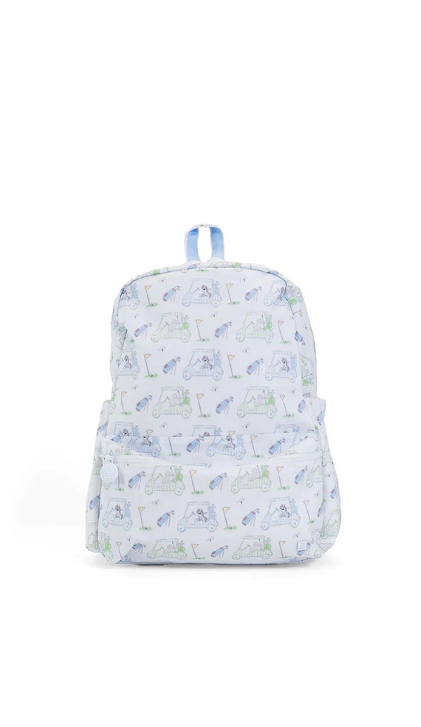 Light blue backpack with a subtle golf pattern on a white background