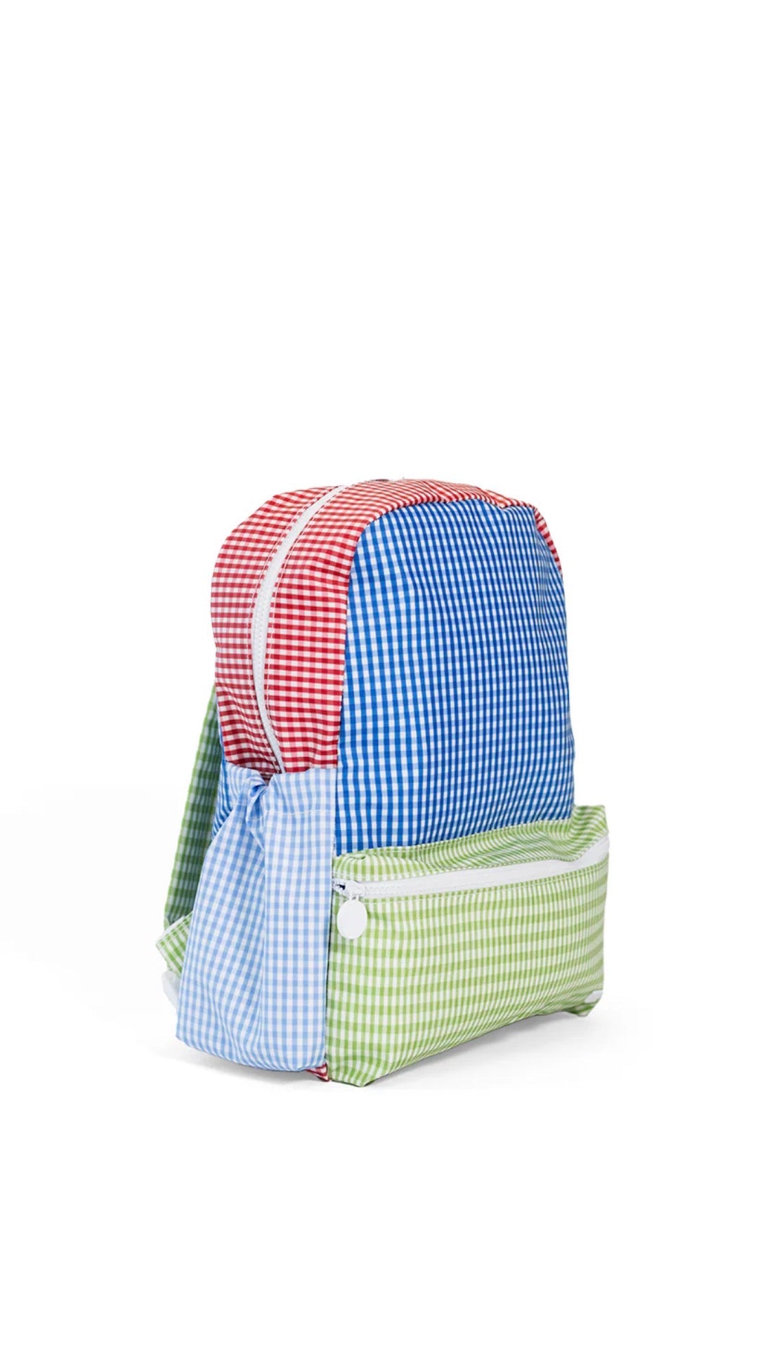 Colorful checkered bag with red, blue, and green sections on a white background