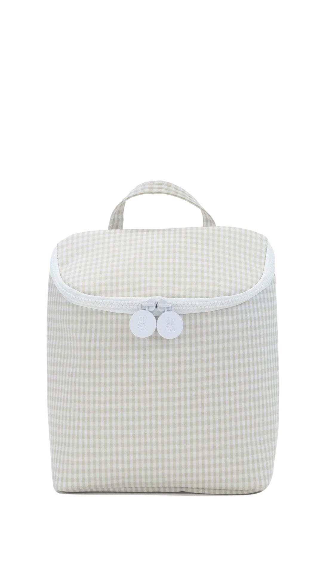 Light gray checkered bottle bag with a white front pocket on a white background