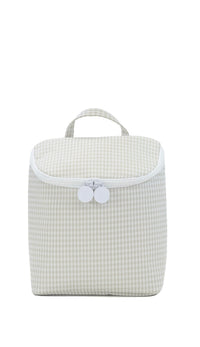 Light gray checkered bottle bag with a white front pocket on a white background