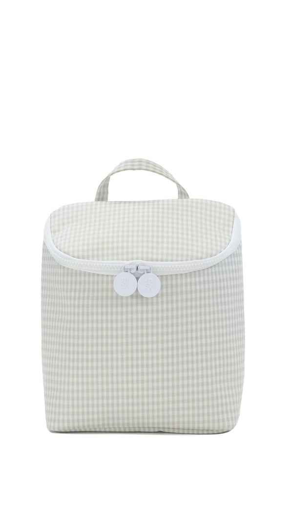Light gray checkered bottle bag with a white front pocket on a white background