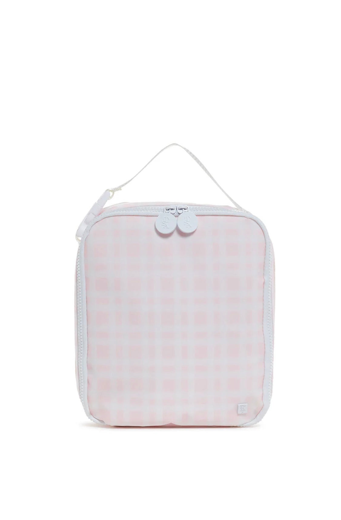 White and pink plaid lunch box with a zipper on a white background