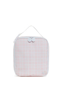 White and pink plaid lunch box with a zipper on a white background