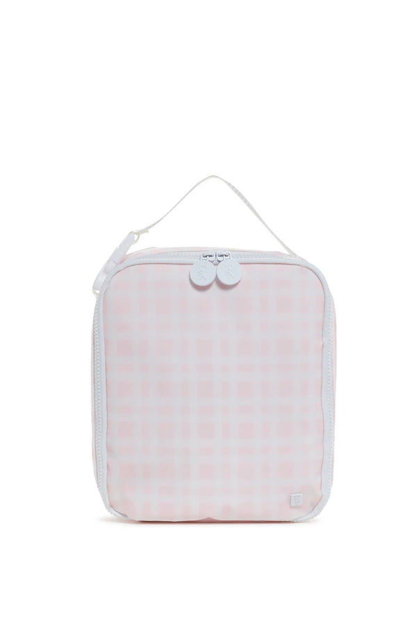 White and pink plaid lunch box with a zipper on a white background