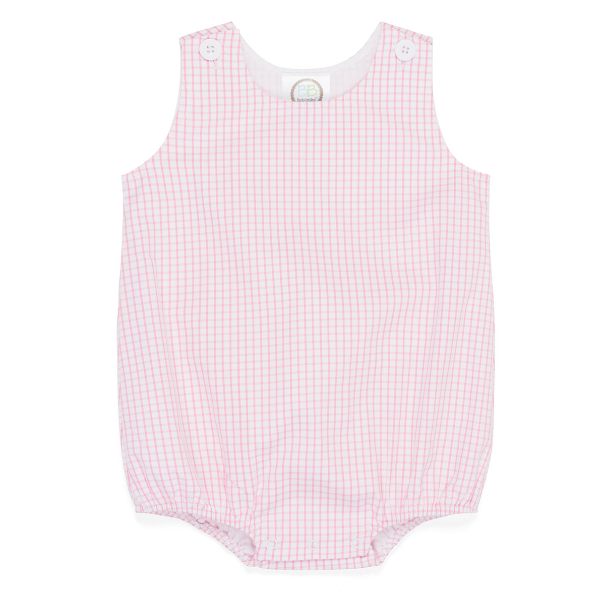 Pink checkered baby romper on a white background