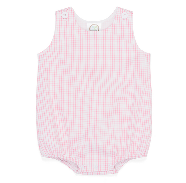Pink checkered baby romper on a white background