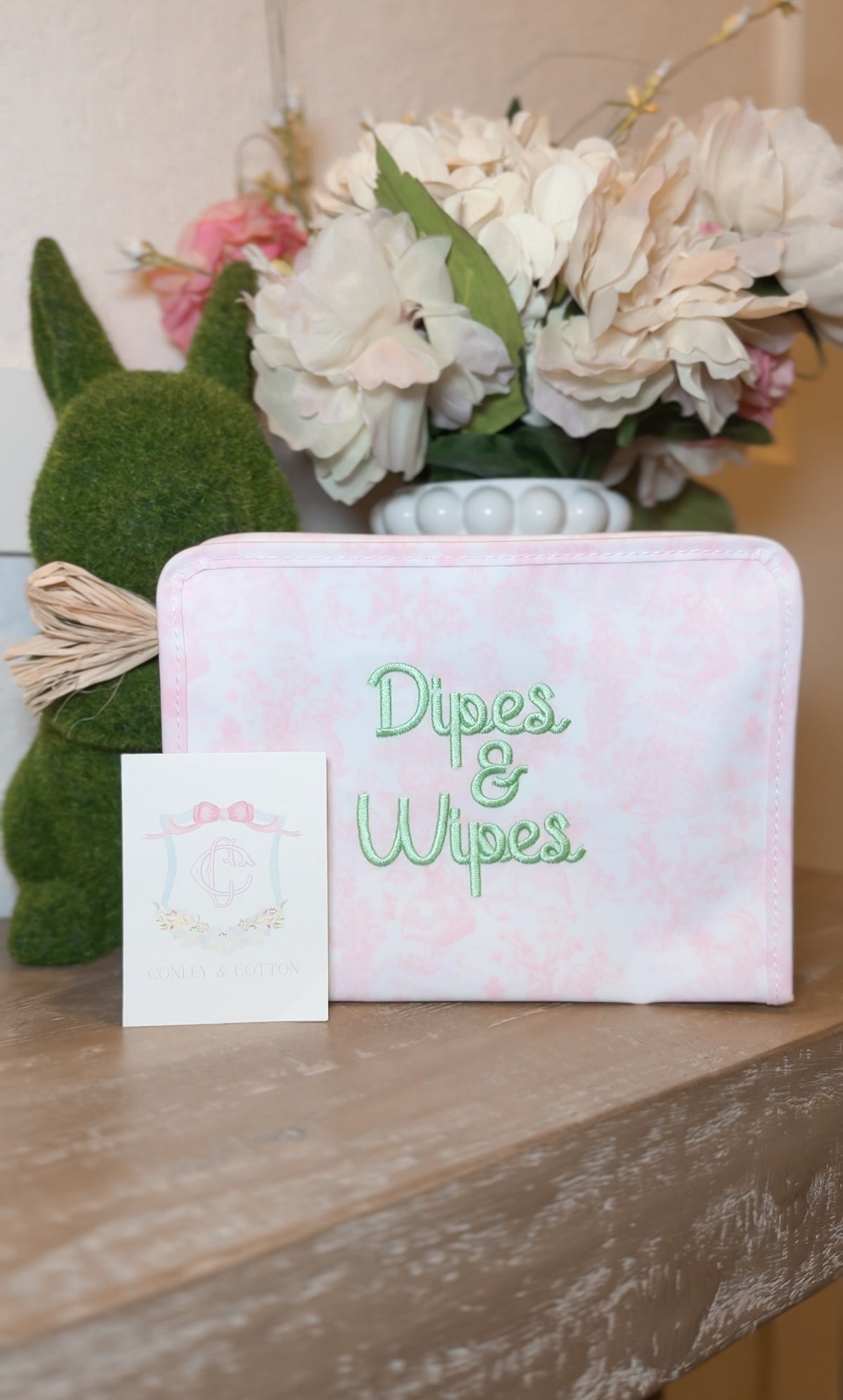 Pink bunny toile dipes and wipes green