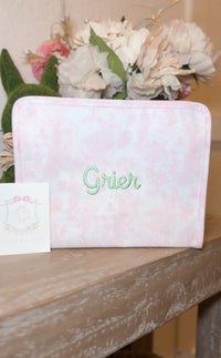 Pink bunny toile green embroidery