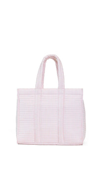 White tote bag with pink checkered pattern on a white background