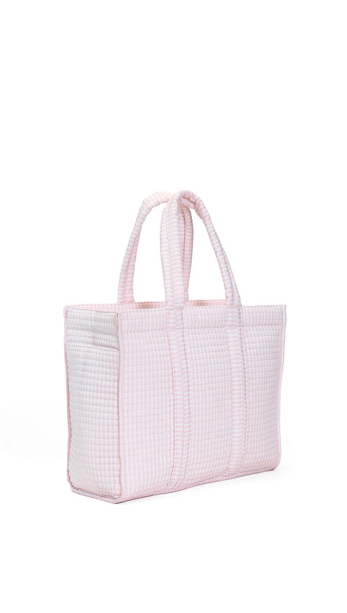 White tote bag with pink checkered pattern on a white background