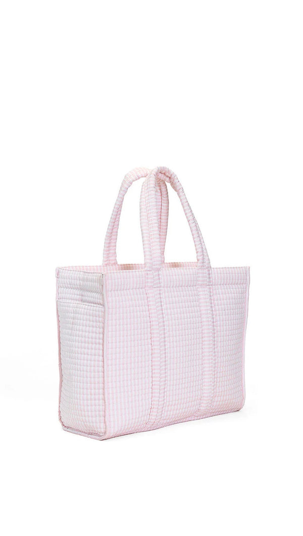White tote bag with pink checkered pattern on a white background
