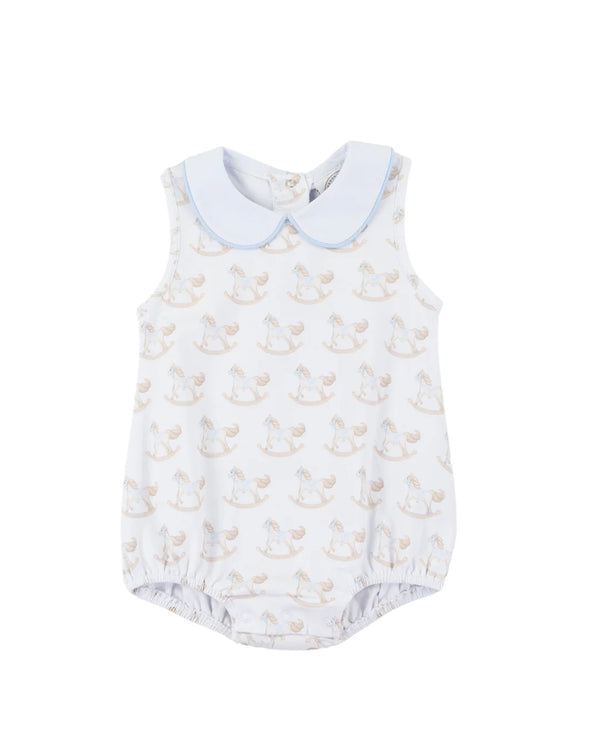 Baby romper with rocking horse  pattern and light blue collar on a white background