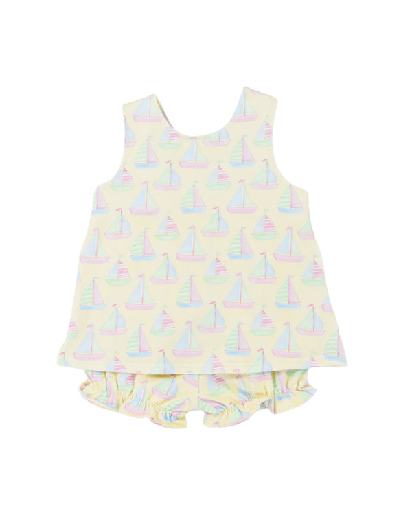 Children's  2 piece outfit with sailboat pattern on a white background