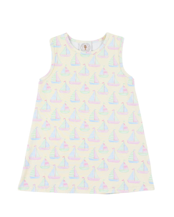 Children's sleeveless dress with sailboat pattern on a white background