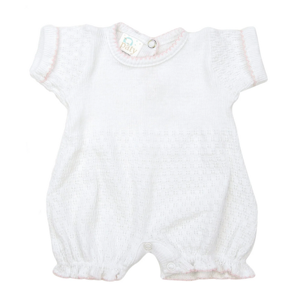 White pinstripe knit bubble with ruffle hem and pink pima trim by Paty