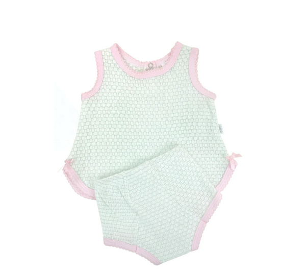 Mint knit sleeveless top and bloomer set with pink trim by Paty