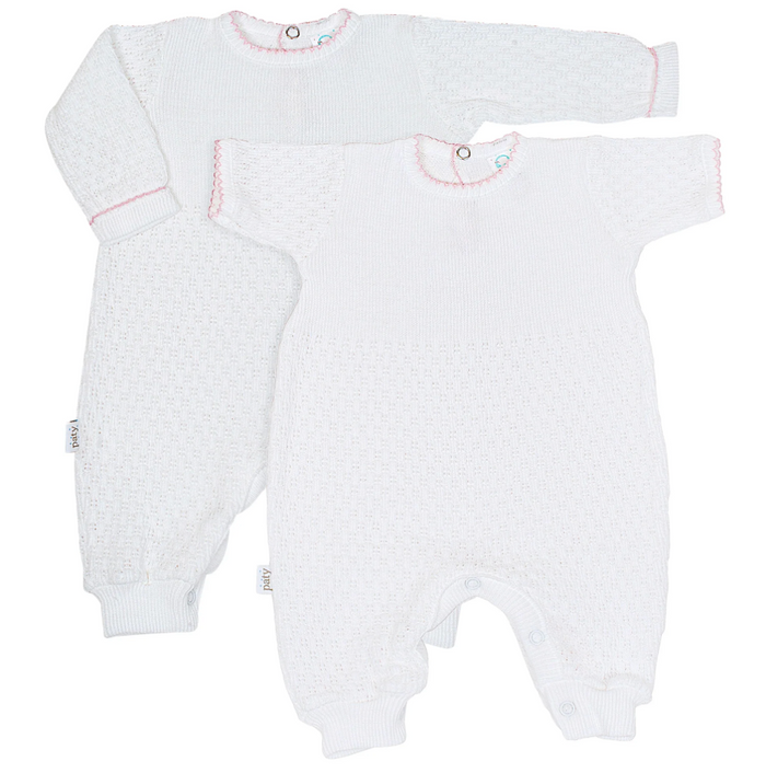 White long sleeve knit romper with pink trim for baby