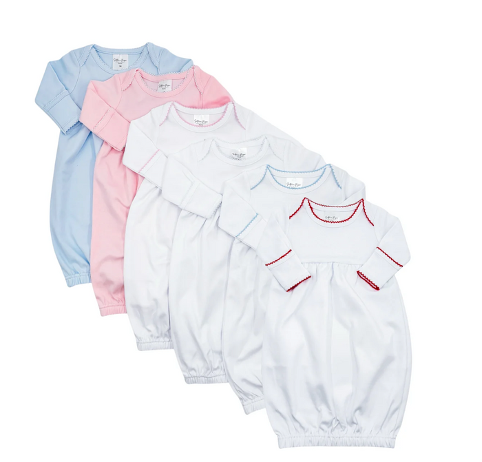 White picot trim newborn gown, available in pink and blue trim