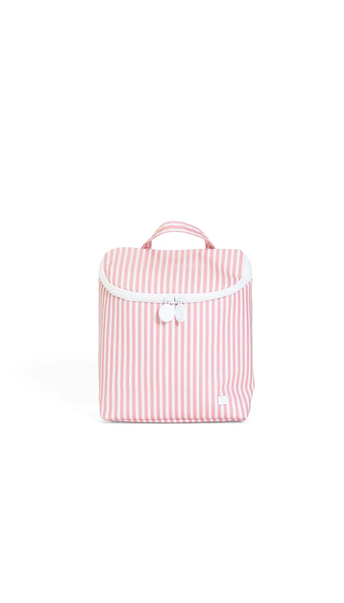 Pink and white striped bottle bag with a white flap on a white background