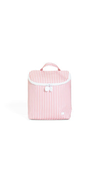 Pink and white striped bottle bag with a white flap on a white background