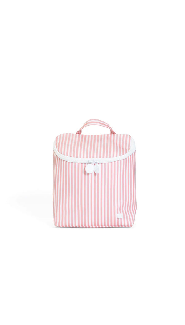 Pink and white striped bottle bag with a white flap on a white background