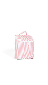 Pink striped bottle bag with a white interior on a white background