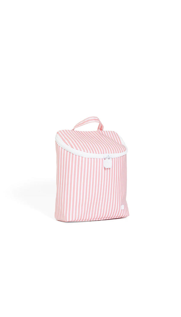 Pink striped bottle bag with a white interior on a white background