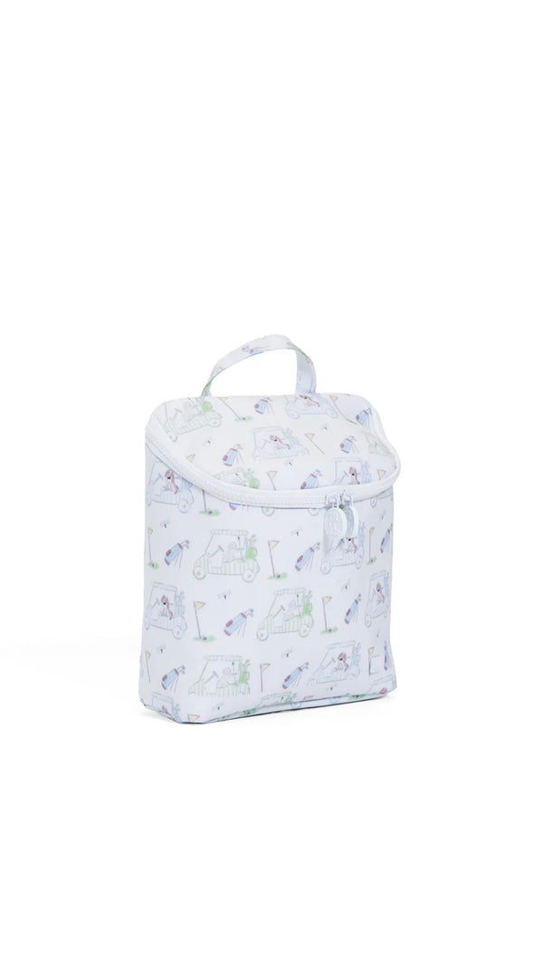 White lunch bag with golf pattern on a white background