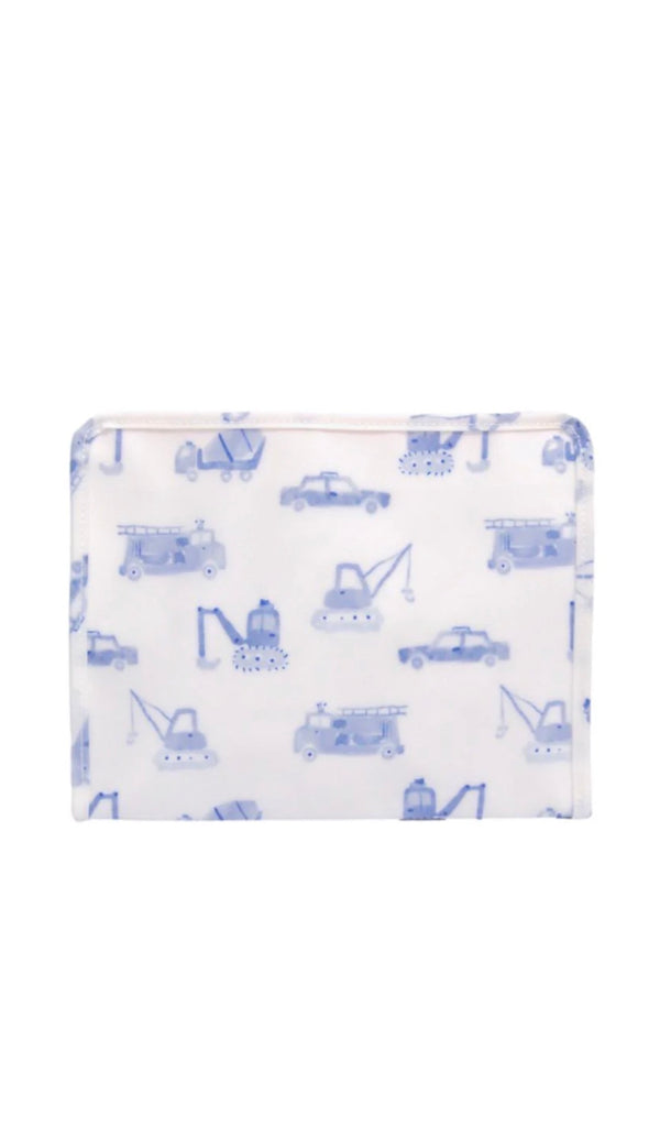 Patterned pouch with blue transportation designs on a white background