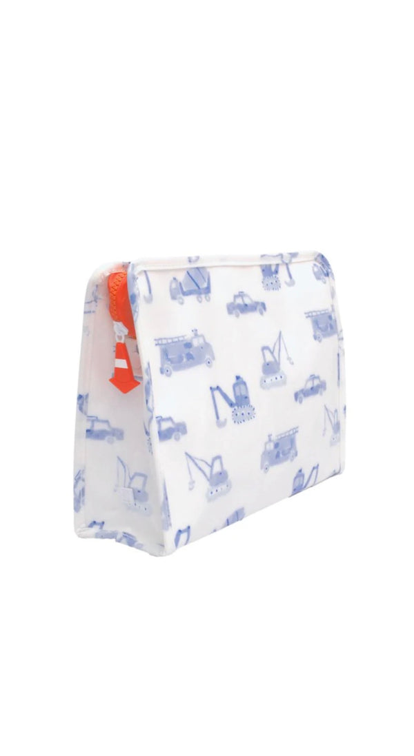 Rectangular pouch with blue truck pattern on a white background