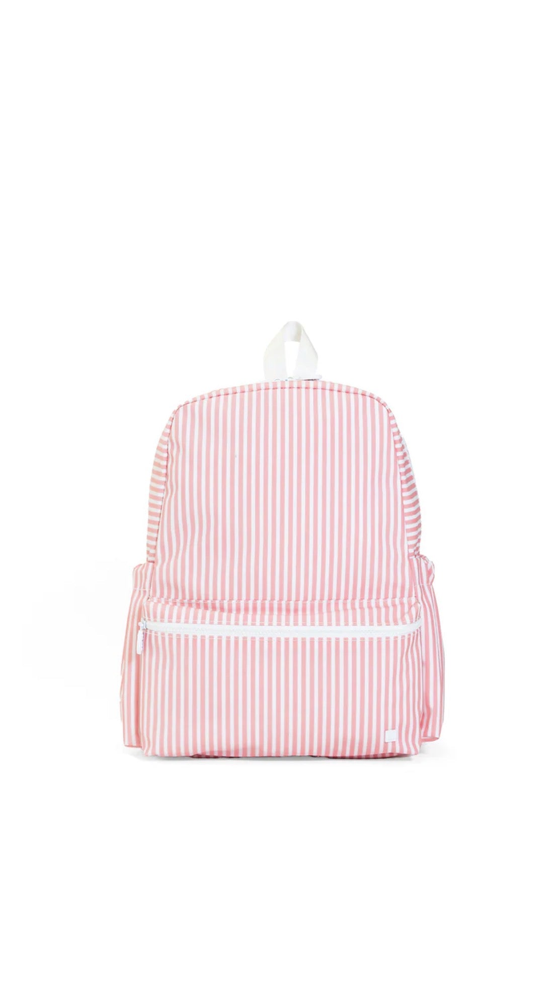 Pink and white striped backpack on a white background