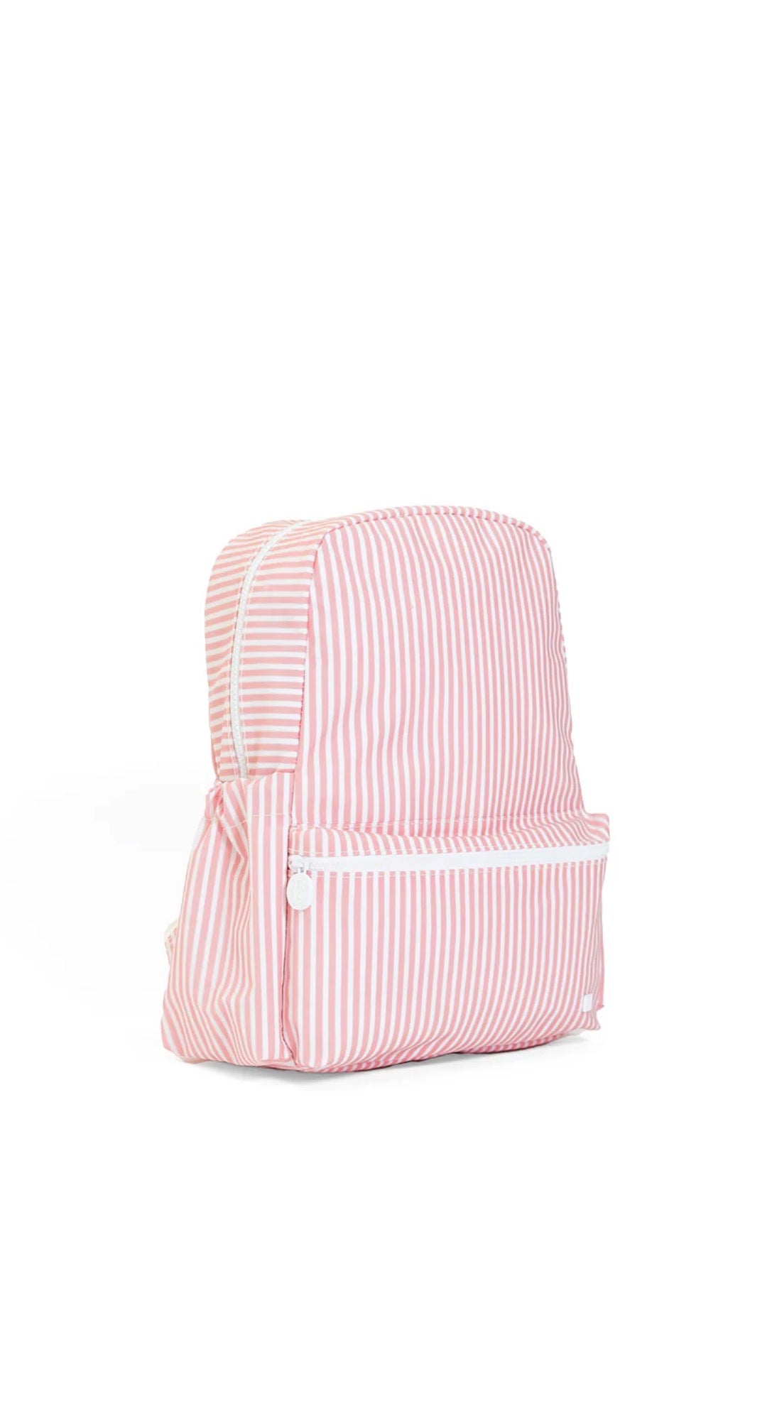 Pink striped backpack with a white zipper on a white background