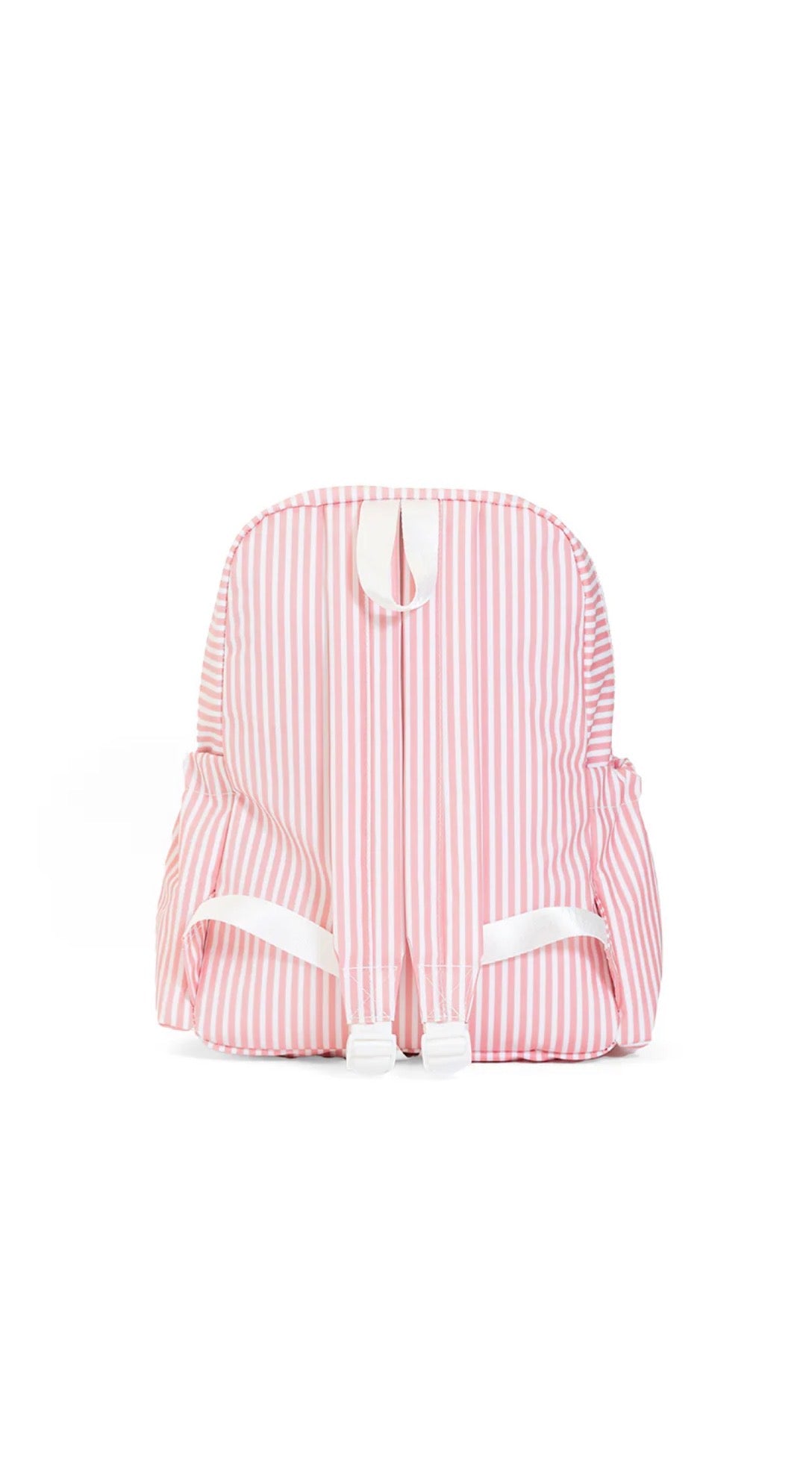 Pink and white striped backpack on a white background