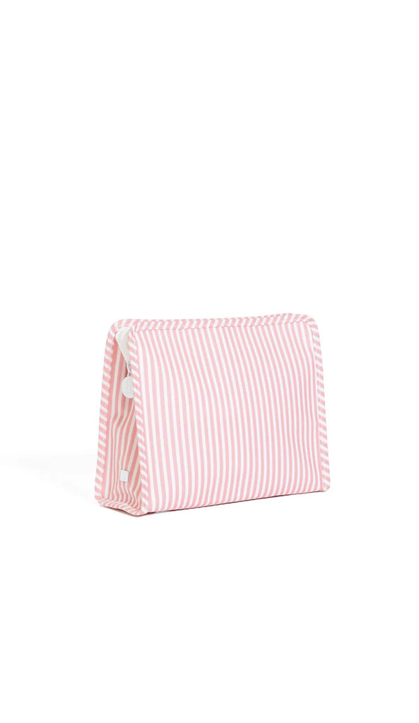 Pink and white striped pouch on a white background
