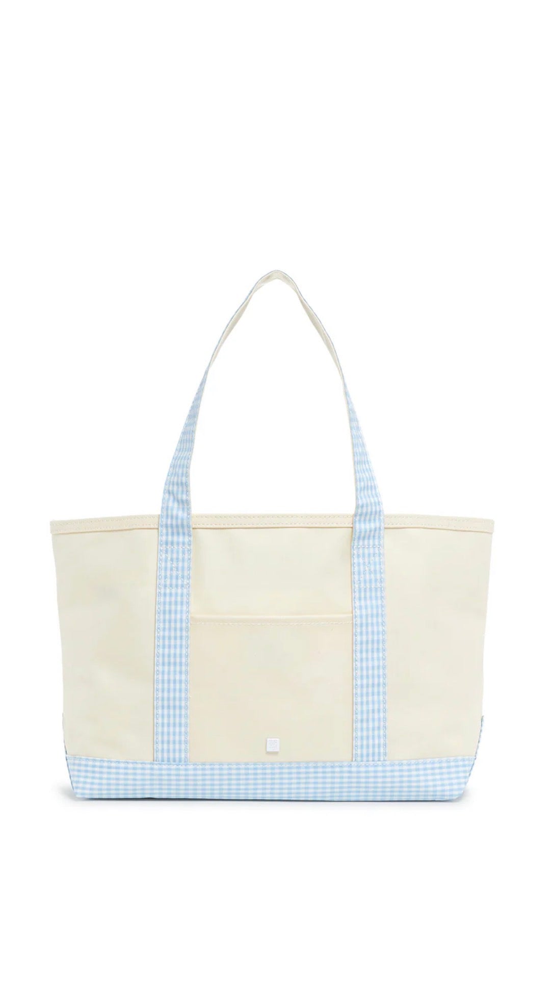Beige tote bag with blue checkered trim on a white background