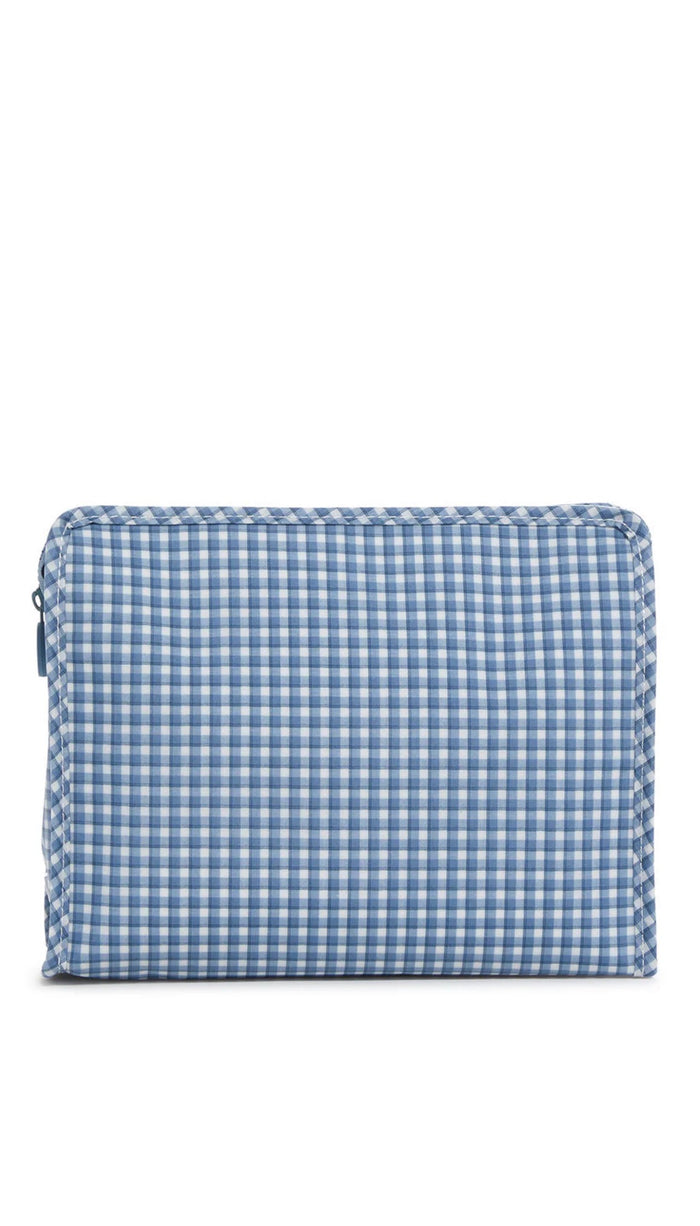 Blue and white checkered pouch on a white background